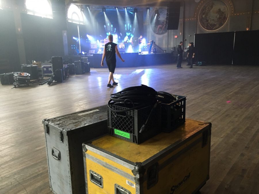 A crew sets up for Icelandic band Kaleo's show at Crystal Ballroom in Portland, Ore.